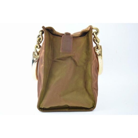 Prada Brown Iridescent Nylon And Brown Leather With Heavy Gold Handles Satchel - Picture 9 of 9